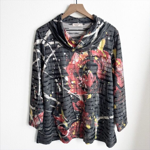 Jess & Jane Top Womens Medium Gray Cowl Neck Artsy Art To Wear Hippie Boho Tunic - Picture 1 of 16